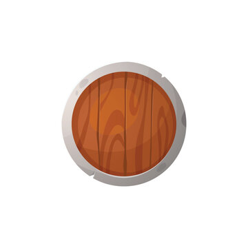Round wooden shield for game design flat style, vector illustration