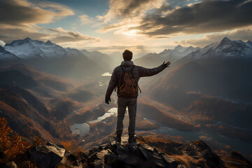 Fototapeta premium man with arms raised on top of the mountain, achievement, in the style of cold and detached atmosphere, konica big mini, wimmelbilder, passage, spectacular backdrops