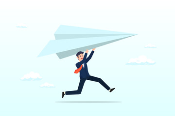 Ambitious businessman running about to throwing to launch big paper airplane origami, start new business, startup or entrepreneurship, creativity and inspiration to achieve business success (Vector)