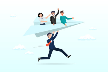 Businessman manager launching paper plane origami with team colleagues, mentor or support employee to success, manager to help or advice staff to reach goal, work coaching or adviser expert (Vector) - obrazy, fototapety, plakaty