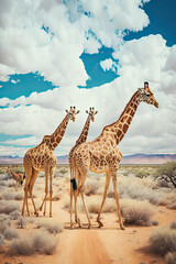 A Giraffe Family&rsquo;s Journey Across the Open Plains Under a Blue Sky