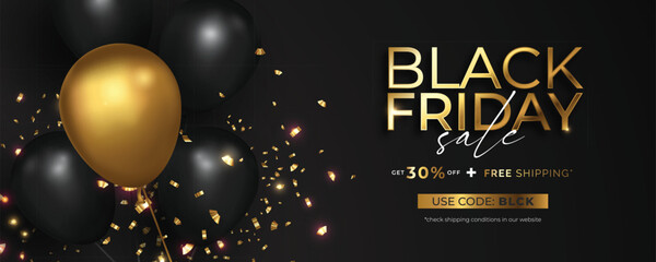realistic black friday sale banner with golden confetti design vector illustration
