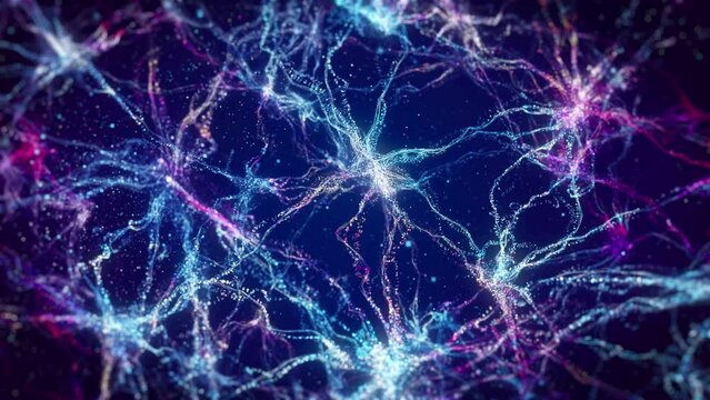 Blue technology neuron grid particles, medical experimental research, medical video element animation, video shows a synaptic network of neurons and electrical impulses inside the human brain.