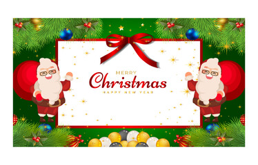 Merry Christmas and Happy New Year. Xmas background banner with
 Christmas flower, tree, star, balls and golden decoration design.