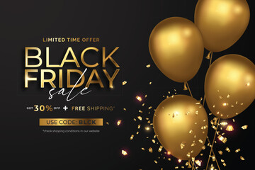 black friday sale banner with realistic balloons confetti design vector illustration