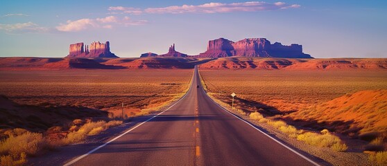 Endless adventure. Journey through desert landscape. Scenic road trip in California. American wilderness. Traveling highway - obrazy, fototapety, plakaty