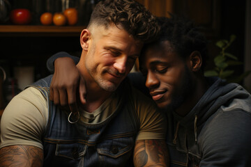 Happy adult gay male couple indoors in cozy home