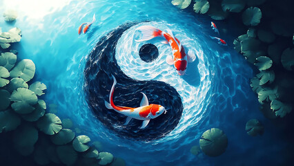  koi fish create a Yin Yang symbol in clear blue pond water, surrounded by green lily pads. - obrazy, fototapety, plakaty