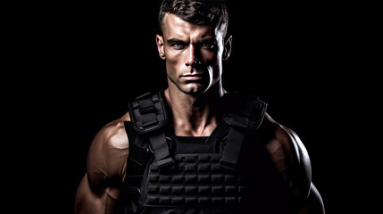 A muscular military man in a bulletproof vest.