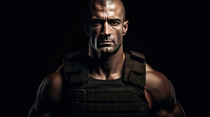 Obraz premium A muscular military man in a bulletproof vest.