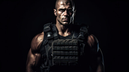 A muscular military man in a bulletproof vest.