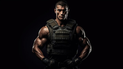 Fototapeta na wymiar A muscular military man in a bulletproof vest.