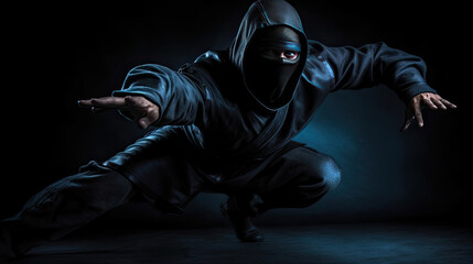 A ninja poses for a landing in the dark background. - obrazy, fototapety, plakaty