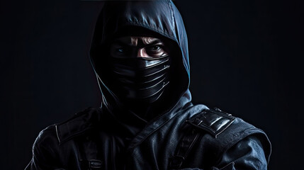 Assassin ninja in black clothes on dark background.