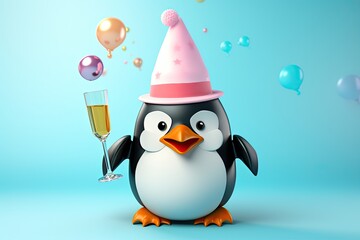 Naklejka premium Cute Penguin holding champagne glass celebrating in christmas and new year.