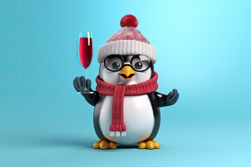 Fototapeta premium Cute Penguin holding champagne glass celebrating in christmas and new year.
