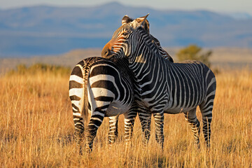 Naklejka premium Two Cape mountain zebras (Equus zebra) at sunset, Mountain Zebra National Park, South Africa.