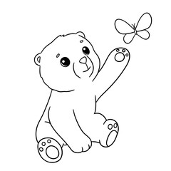 Cute sitting baby bear playing with butterfly. Cartoon hand drawn vector outline illustration for coloring book. Line animal isolated on white