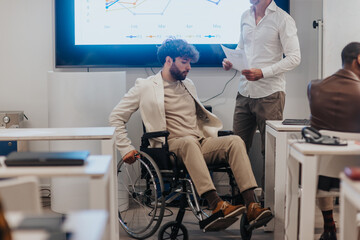 Disabled man in wheelchair. Handicapped male employee. Disabled man rolling wheelchair. Teamwork office. Working together