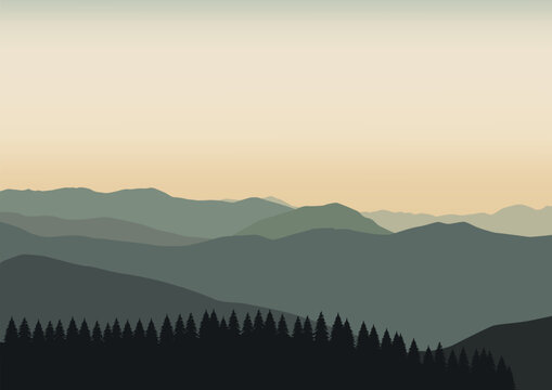 Landscape with mountains and pine forests. Vector illustration in flat style.