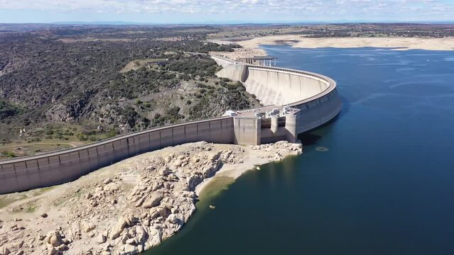 Bird's eye view of Almendra Dam in Salamanca, Spain. Villarino Dam interrupts course of Tormes River.