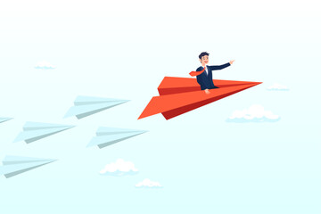 Confident businessman lead other paper airplane origami, leadership to guide team direction lead to success, determination or decision to motivate team, power to control or influence people (Vector)