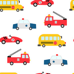 Seamless childish vector pattern with hand drawn cartoon cars. Cute pattern for fabric, wrapping, textile, wallpaper, apparel. Fire truck, racing car and school bus © Elena