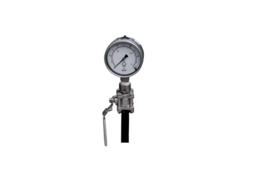 Close-up view of air pressure gauge with shut-off valve isolated on transparent background png file.