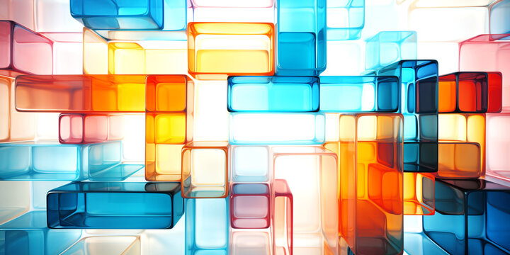 Abstract geometric rectangle shape white blue, purple and orange color, transparent block, perspective background.	