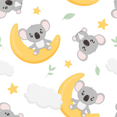 Seamless pattern with cute koala on crescent moon and stars. Funny childish background for fabric
