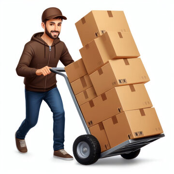 Delivery man pushing a hand truck with cardboard boxes isolated on white background