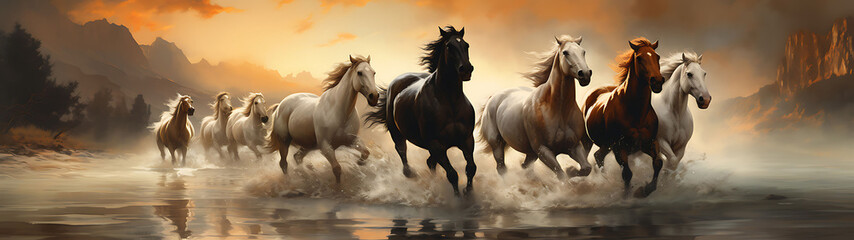 Obraz na płótnie Canvas horses running across water. A group of horses running across a river, horses in run, Beautiful illustration of horses. artistic painting