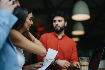 Team of architects, engineers, and business professionals discussing blueprints and project development at a coffee bar. They collaborate to ensure successful urban planning and construction projects.