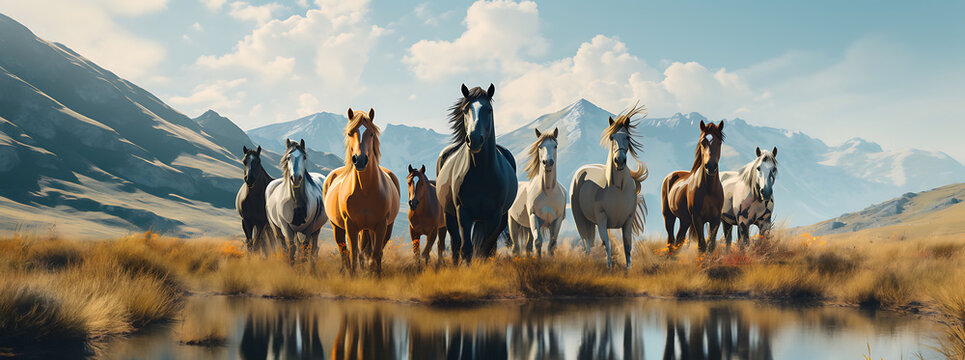 Portrait picture , nine horses are drinking by the stream with a beautiful mountain view in the background, artistic painting , Fresh clear blue water, bright tones