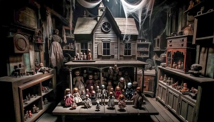 Dark Halloween workshop scene with cobwebs, antique dolls, and eerie collectibles. Ideal for chilling themes and supernatural storytelling. Generative AI.