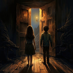 Obraz na płótnie Canvas Two Young Souls Embark on a Mystical Journey Through a Creaking Doo