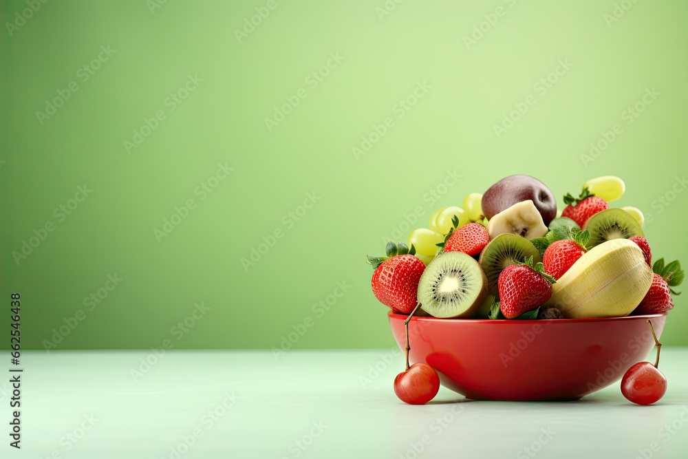 Poster a red bowl filled with assorted fruit on top of a table. generative ai