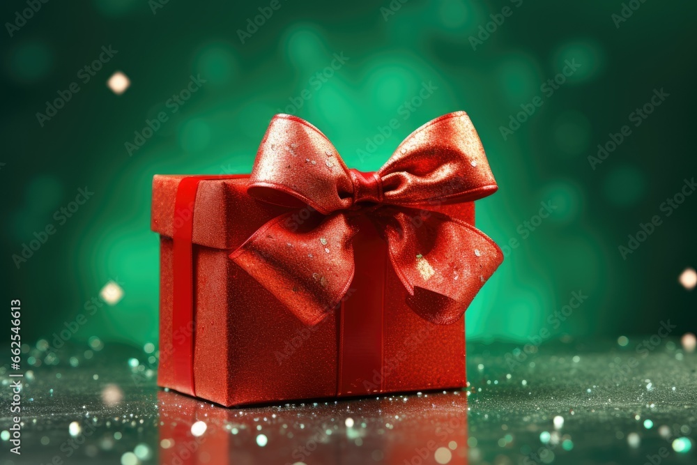 Poster a red gift box with a bow on a shiny surface. generative ai