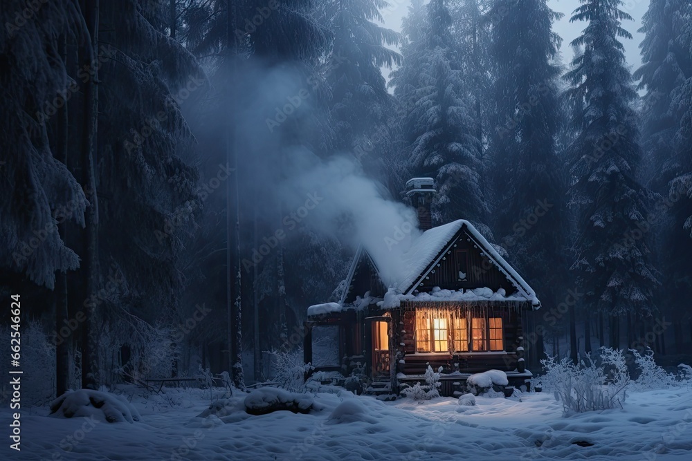 Poster a cabin in the middle of a snowy forest with a lit window. generative ai