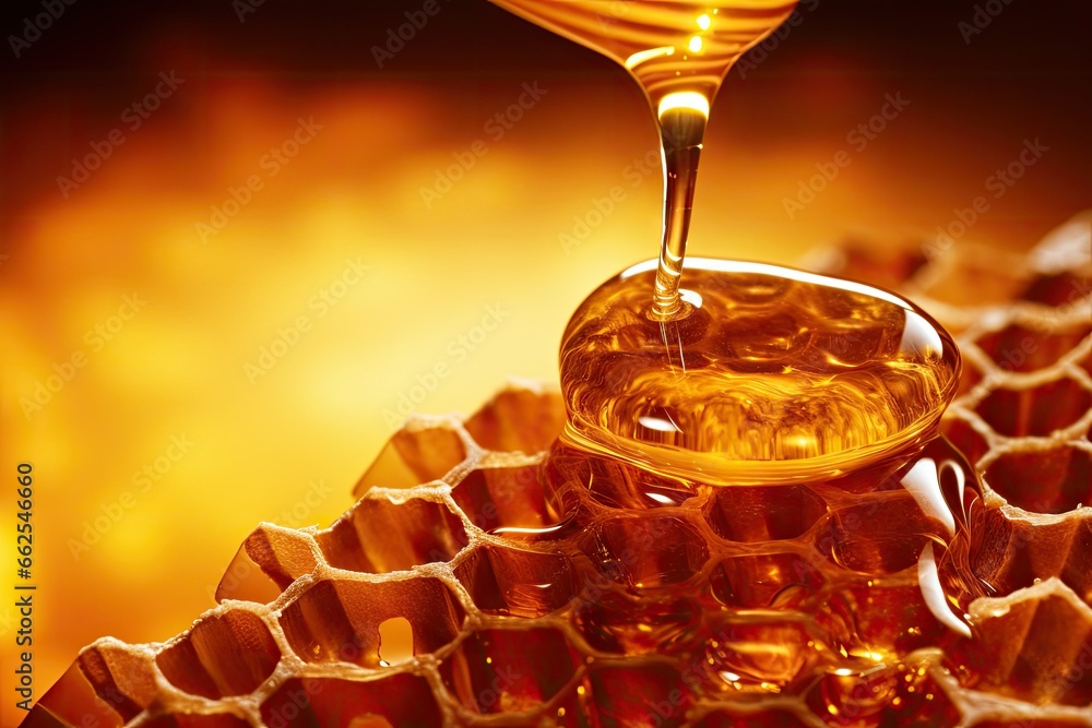 Poster a honey dripping into a honeycomb with a honey dipper. generative ai