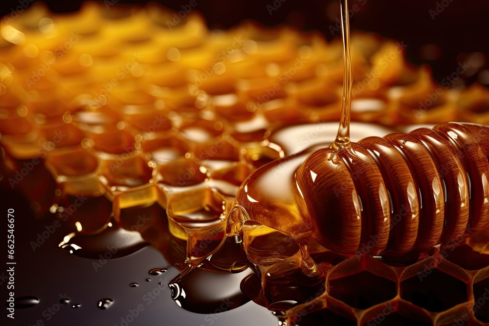 Poster a honeycomb with a honey dripping from the top of it. generative ai