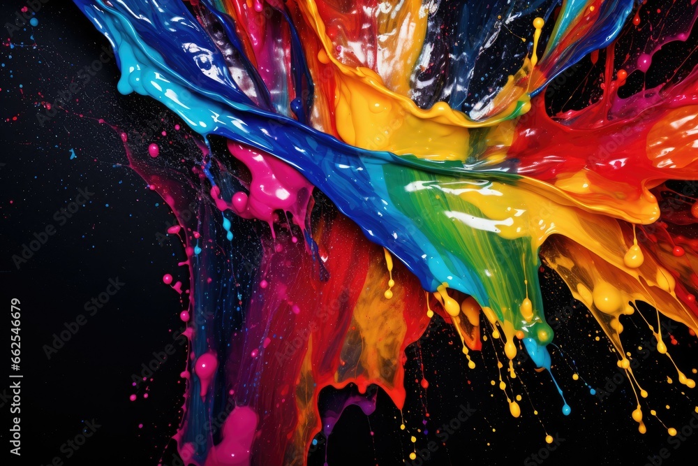 Poster a multicolored liquid splashing on a black background. generative ai
