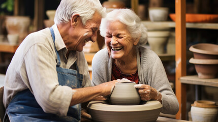 Elderly couple enjoying using a potter's wheel together