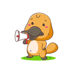 Cute Platypus holding megaphone cartoon character. Kawaii Adorable animal concept design. Isolated white background. Vector art illustration