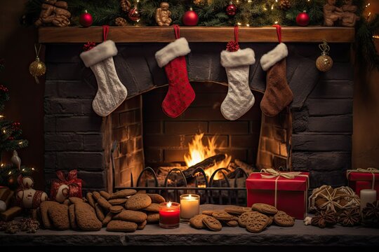  a fireplace with stockings hanging from the mantle and a Christmas tree in the background On the mantelpiece, there are cookies, candles, gift boxes, toys, and oth