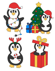 Set of cartoon Christmas and New Year Penguin characters. Cute Penguins in gift box, garland, candy cane, Deer Antler Headband, Christmas tree. Vector flat illustration.