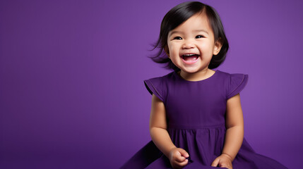 Happy Asian baby, smiling and laughing, wearing a solid purple dress. solid purple background similar to the dress color.