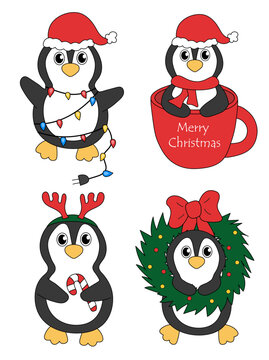 Set of cartoon Christmas and New Year Penguin characters. Cute Penguins in cup, garland, candy cane, Deer Antler Headband, wreath. Vector flat illustration.	