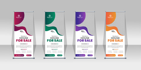 Roll up banner for real estate, home for sale real estate roll up banner, pull up banner template - obrazy, fototapety, plakaty