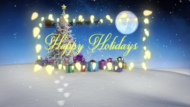 Animation of happy holidays, christmas lights and santa sleigh in night winter landscape